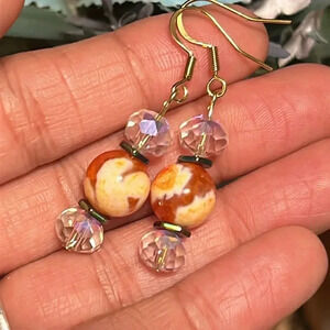 ✨ Handmade dyed orange fire agate & crystal drop earrings ✨